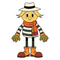 Cartoon scarecrow character wearing a hat and scarf standing on isolated background vector