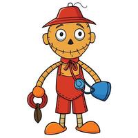 Cute cartoon scarecrow character with bucket and rake for fall designs vector