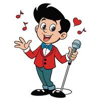 Cartoon boy singing into microphone with musical notes and heart shape vector