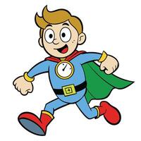 Running cartoon superhero character with clock emblem and green cape vector