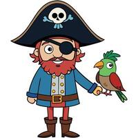Cartoon pirate with eye patch and parrot illustration on white background vector