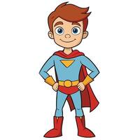 Cartoon superhero boy character smiling wearing costume and cape with hands on hips vector