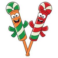 Two colorful cartoon candy canes with smiling faces and ribbons illustration vector