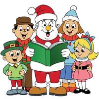 Cartoon characters celebrate christmas reading a story together illustration vector