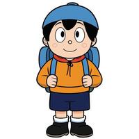 Cartoon boy with backpack ready for adventure isolated on white background vector