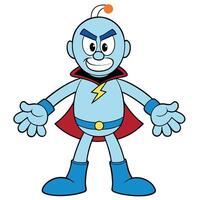 Cartoon robot superhero illustration character with cape and lightning bolt vector
