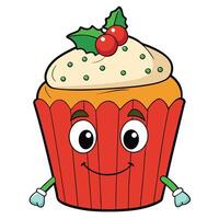 Festive cartoon cupcake character with holly berries topping and happy face vector