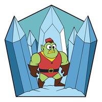 Cartoon orc character in red outfit with ice crystal background illustration vector