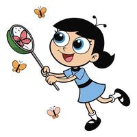 Cartoon girl catching butterflies with net happy pursuit of nature vector