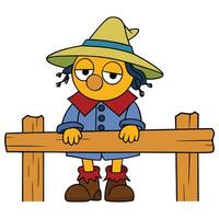 Cartoon scarecrow character standing by wooden fence with sad expression vector