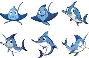 Collection of cartoonish angry fish and walrus characters on a white background vector