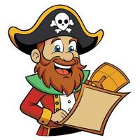 Cartoon pirate captain smiling while reading a treasure map illustration vector