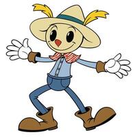 Cartoon scarecrow character with hat and feathers animated style vector