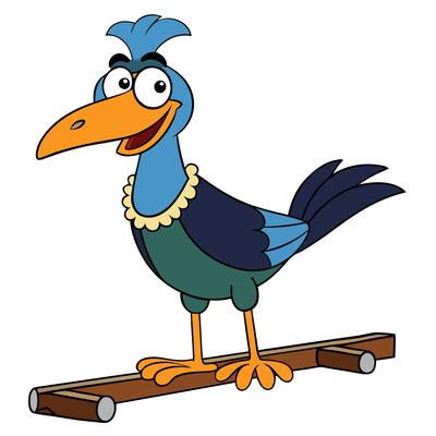 Cartoon bird character standing on wooden branch illustration graphic design