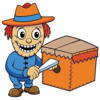 Cartoon scarecrow sharpening a tool next to a box in illustration vector