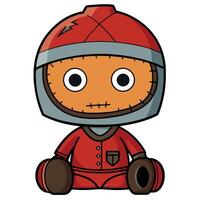 Cartoon character in red suit with stitched face and rounded features vector