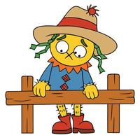 Cartoon scarecrow leaning on fence with a sad expression and straw hat vector