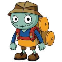 Cartoon adventurer character ready for hiking with backpack and hat illustration vector
