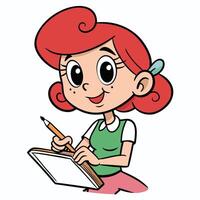 Cute red haired cartoon girl drawing sketching in a notebook with pencil vector