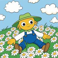 Cartoon scarecrow relaxing in a daisy field on a sunny day vector