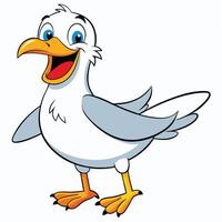 Cheerful seagull cartoon character with open beak and wing spread posing vector