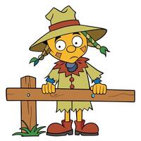 Cartoon scarecrow leaning on a wooden fence with sad expression isolated vector