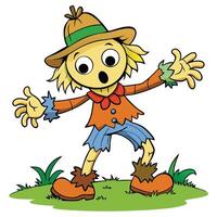 Cartoon scarecrow with surprised expression standing on green grass illustration vector
