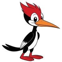 Cartoon woodpecker character illustration standing tall with a red crest and orange beak vector