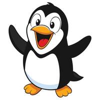 Cheerful cartoon penguin character mascot waving wings with a big happy smile vector
