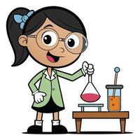 Cartoon scientist girl conducting experiments with beakers in laboratory setting vector