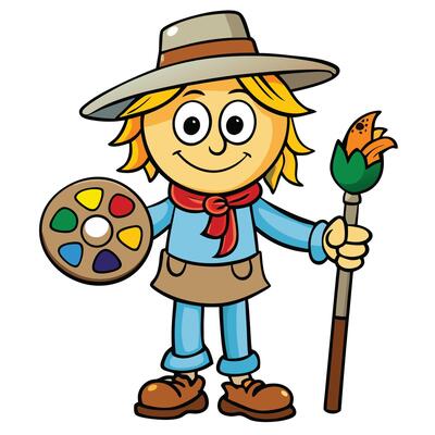 Cartoon artist character holding palette and brush happy painter illustration