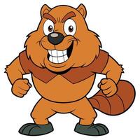 Cartoon beaver character smiling intensely with striped tail and wearing clothes vector