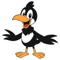 Cheerful cartoon crow character standing with welcoming gesture on white background vector