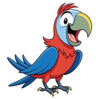 Cheerful cartoon parrot character with red and blue plumage illustration vector