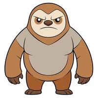 Grumpy cartoon sloth illustration with serious expression and brown fur vector