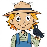 Smiling cartoon boy farmer with straw hat and crow illustration vector