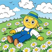 Cartoon scarecrow relaxing in a daisy field on a sunny day illustration vector