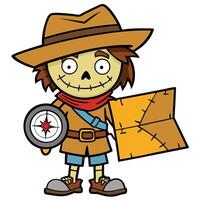 Cartoon scarecrow adventurer with map and compass illustration vector