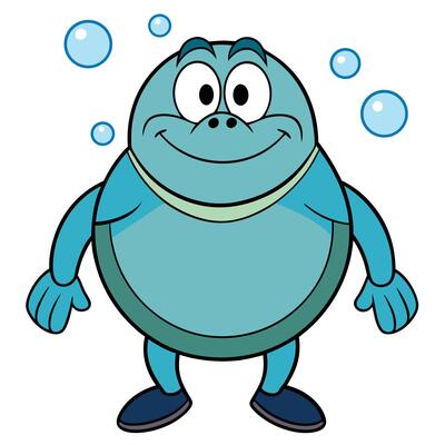 Cute blue cartoon character illustration with bubbles isolated on white background