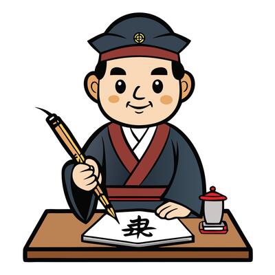 Cartoon chinese scholar writing calligraphy with brush and inkstone illustration