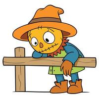 Cartoon scarecrow leaning on fence sad and lonely in an isolated scene vector