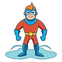 Cartoon hero standing confidently in puddle with superhero costume and mask vector