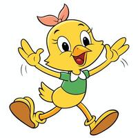 Joyful cartoon chick running illustration cheerful bird character with bow vector
