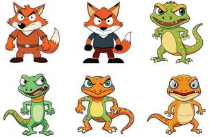 Angry cartoon animals illustration featuring alligators and different monkey species vector