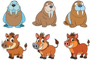 Cartoon illustration of angry lynx and fish characters with fierce expressions vector