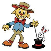 Cartoon magician scarecrow with magic wand and rabbit in a hat vector