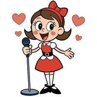 Cartoon girl singing into microphone with hearts illustration joyful vocal performance vector