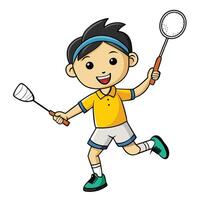 Cartoon boy playing badminton with rackets and running isolated on white vector