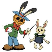 Cartoon scarecrow magician performing a magic trick with a rabbit in a hat vector