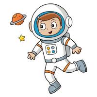 Cartoon astronaut boy floating in space with planet and star vector